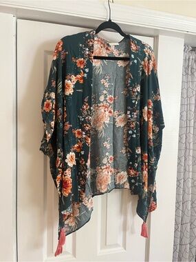 Knox Rose Floral Kimono Cardigan in Teal and Peach